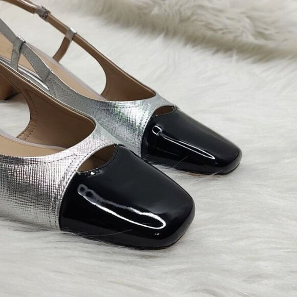 Sam Edelman Tarra Slingback Pump Heels Cap Toe Metallic Silver Black 9.5 - Picture 6 of 15